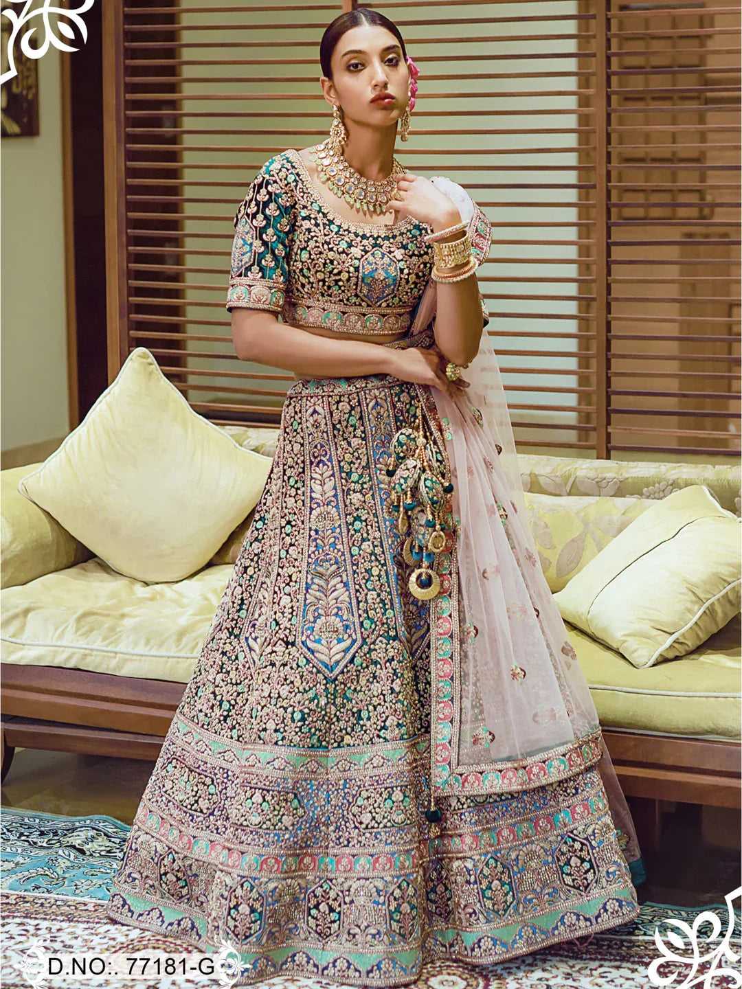 Teal &amp; Gold Bridal Lehenga with Heavy Embroidery