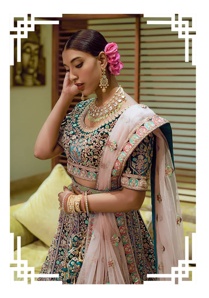 Teal &amp; Gold Bridal Lehenga with Heavy Embroidery