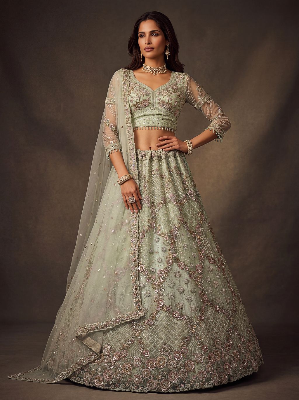 Sky Blue Pure Soft Heavy Double Net Crafted Fancy Chapat Zari Work Bridal Lehenga Choli