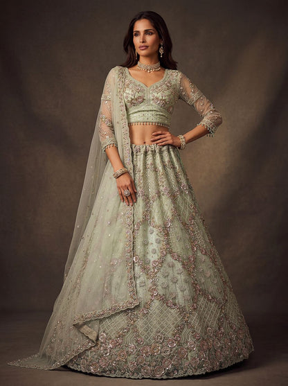 Sky Blue Pure Soft Heavy Double Net Crafted Fancy Chapat Zari Work Bridal Lehenga Choli