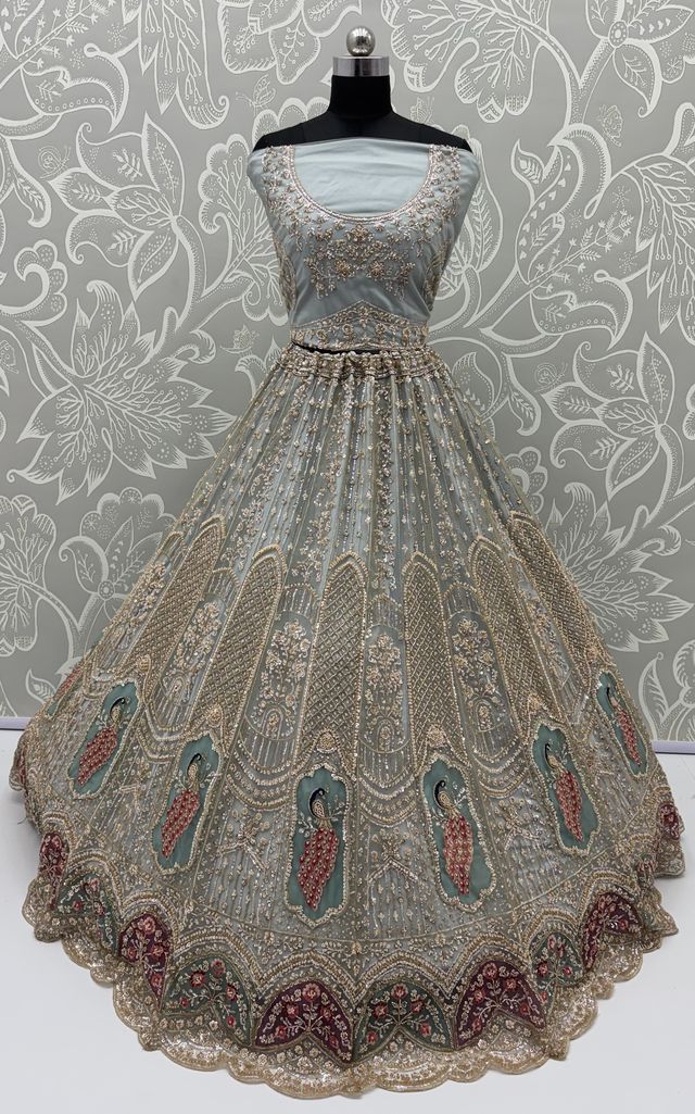Grey Pure Heavy Net Motif Handwork Zari Sequins Work Bridal Lehenga Choli