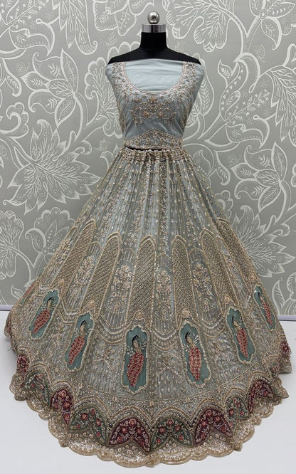 Grey Pure Heavy Net Motif Handwork Zari Sequins Work Bridal Lehenga Choli