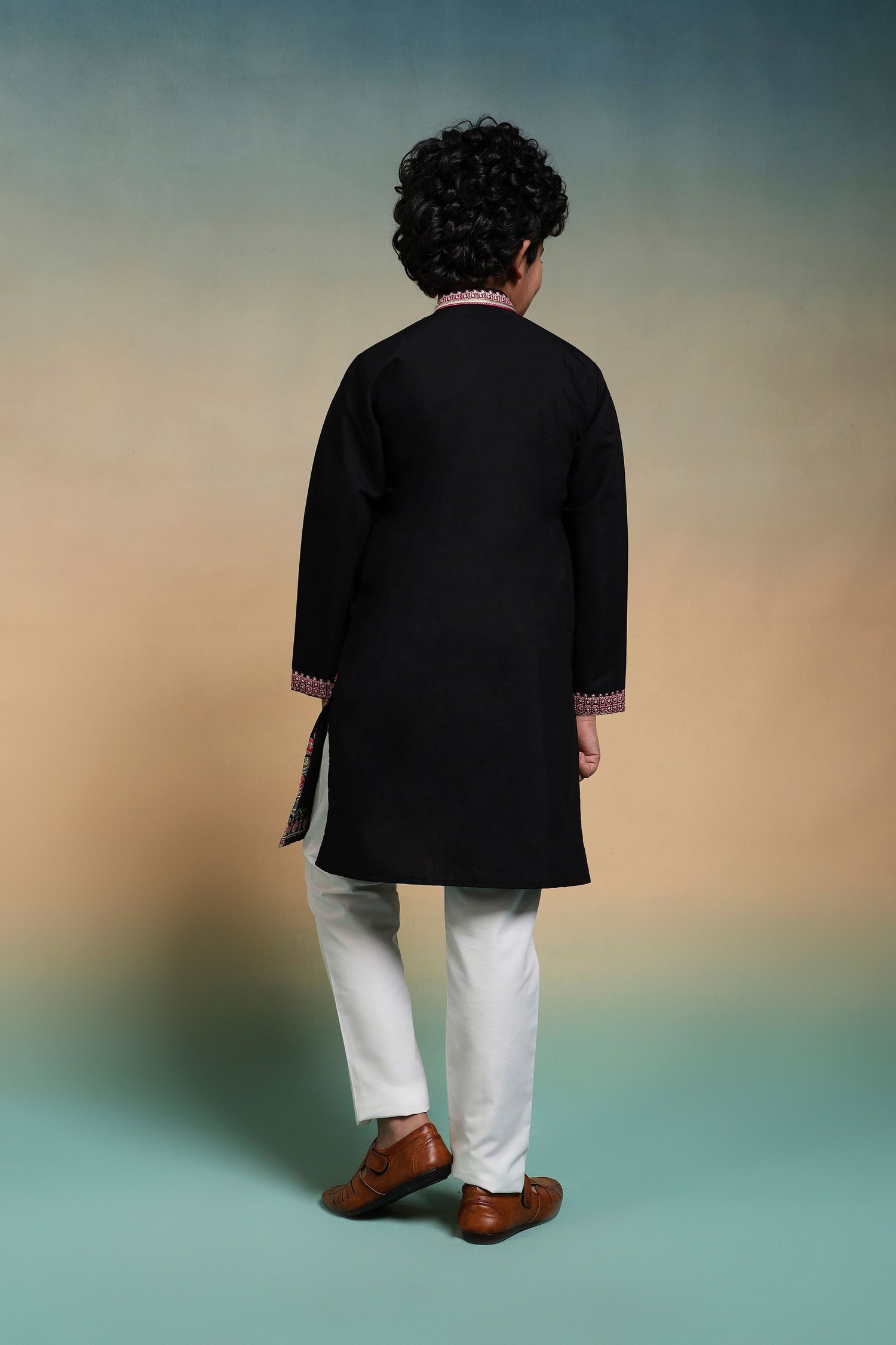 Black Pure Viscose Silk Kids Boy Kurta Pajama