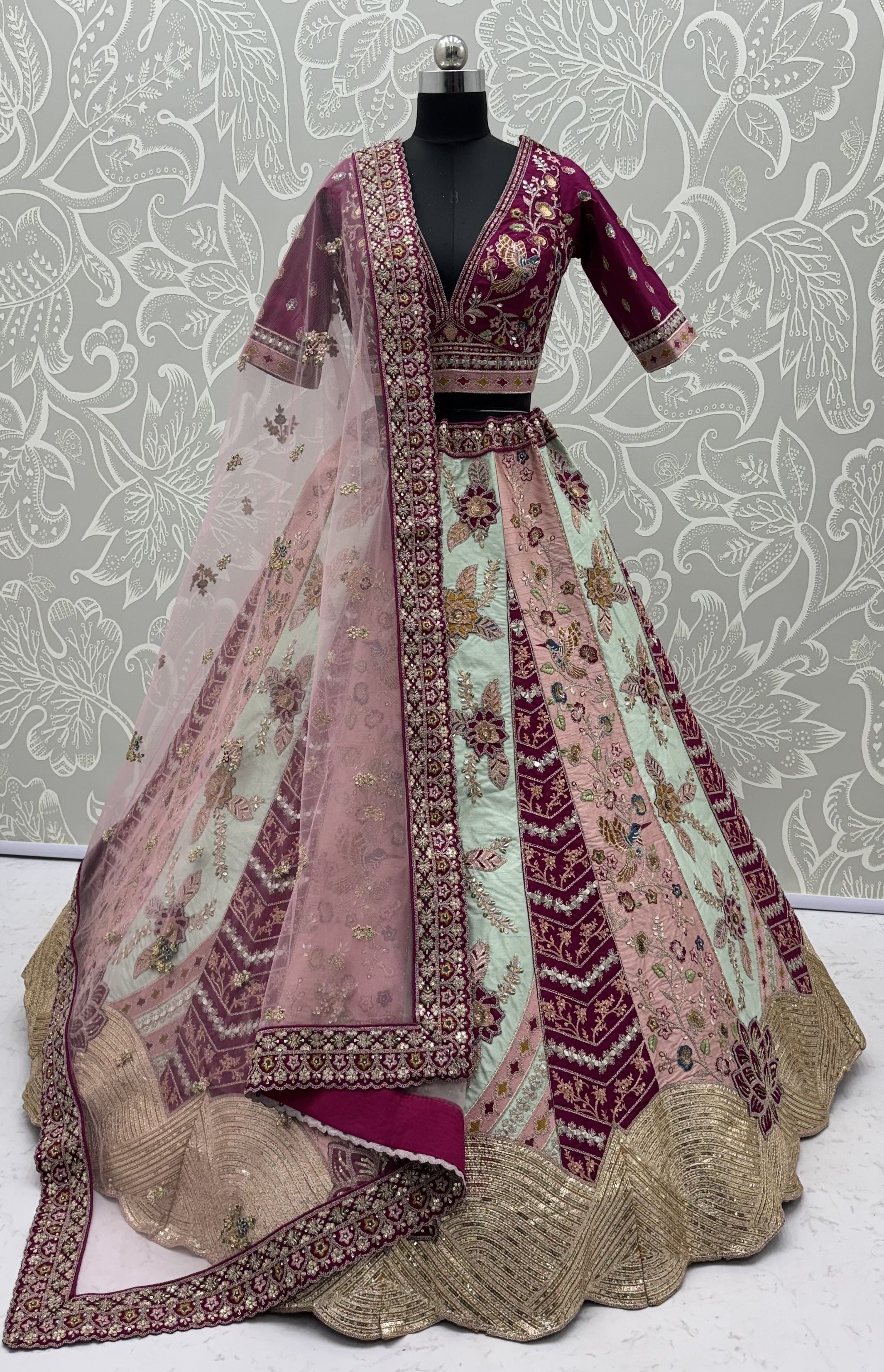 Multi Pure Satin Silk Flower Patch Work Real Hand Mirror &amp; Multi thread Zari Work Bridal Lehenga Choli