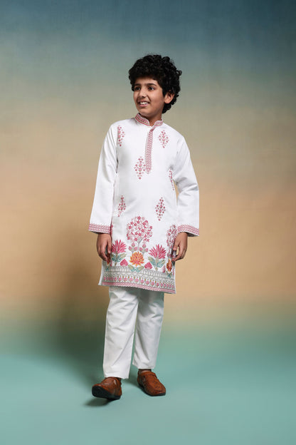 White Pure Viscose Silk Kids Boy Kurta Pajama 