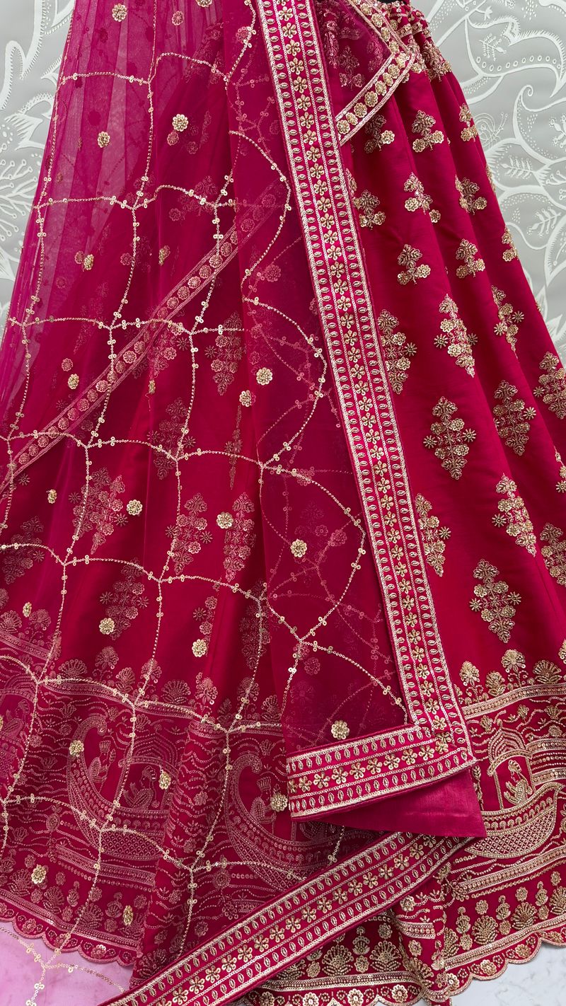 Rani Pink Pure Soft Heavy Silk Sequins Embroidery Work Bridal Lehenga 
