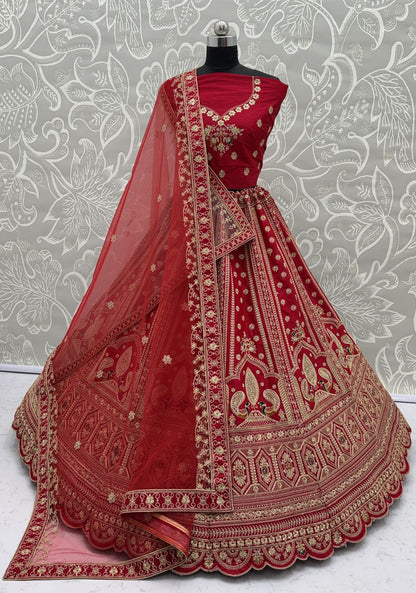 Red Pure Soft Heavy Silk Sequins Embroidery Work Bridal Lehenga 