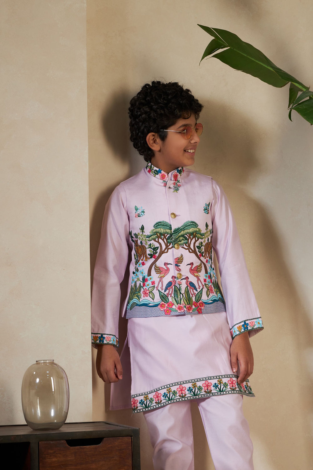 Lavender Pure Viscose Silk Silk Kids Boy Kurta Pajama With Koti Jacket 