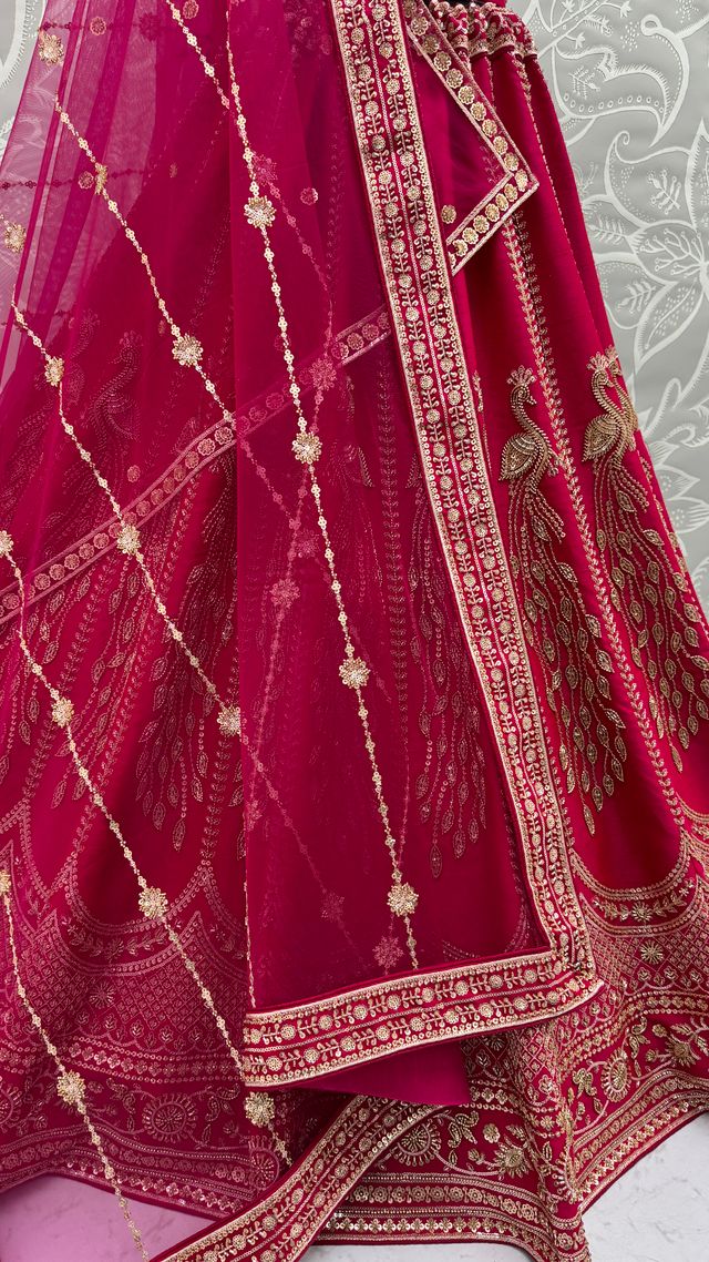 Rani Pink Pure Soft Heavy Net Sequins Embroidery Work Bridal Lehenga Choli 