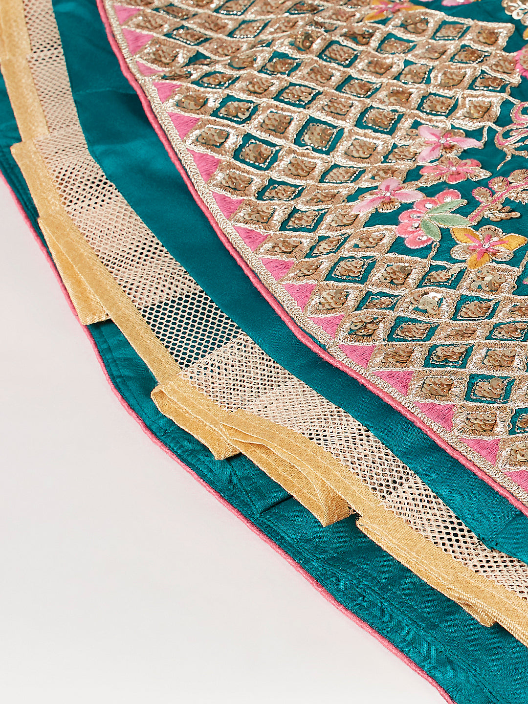 Teal Georgette Sequins Work Floral Lehenga &amp; Blouse with Pink Dupatta