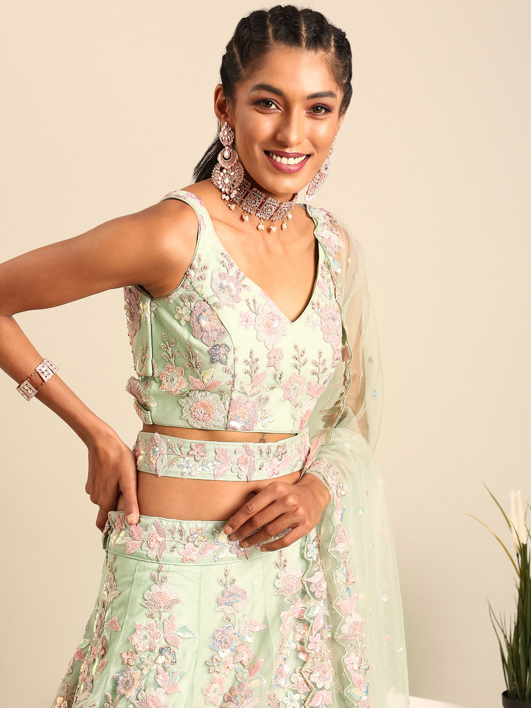 Lime Green Net Floral Sequins with Heavy Zarkan Embroidery Lehenga Choli &amp; Dupatta
