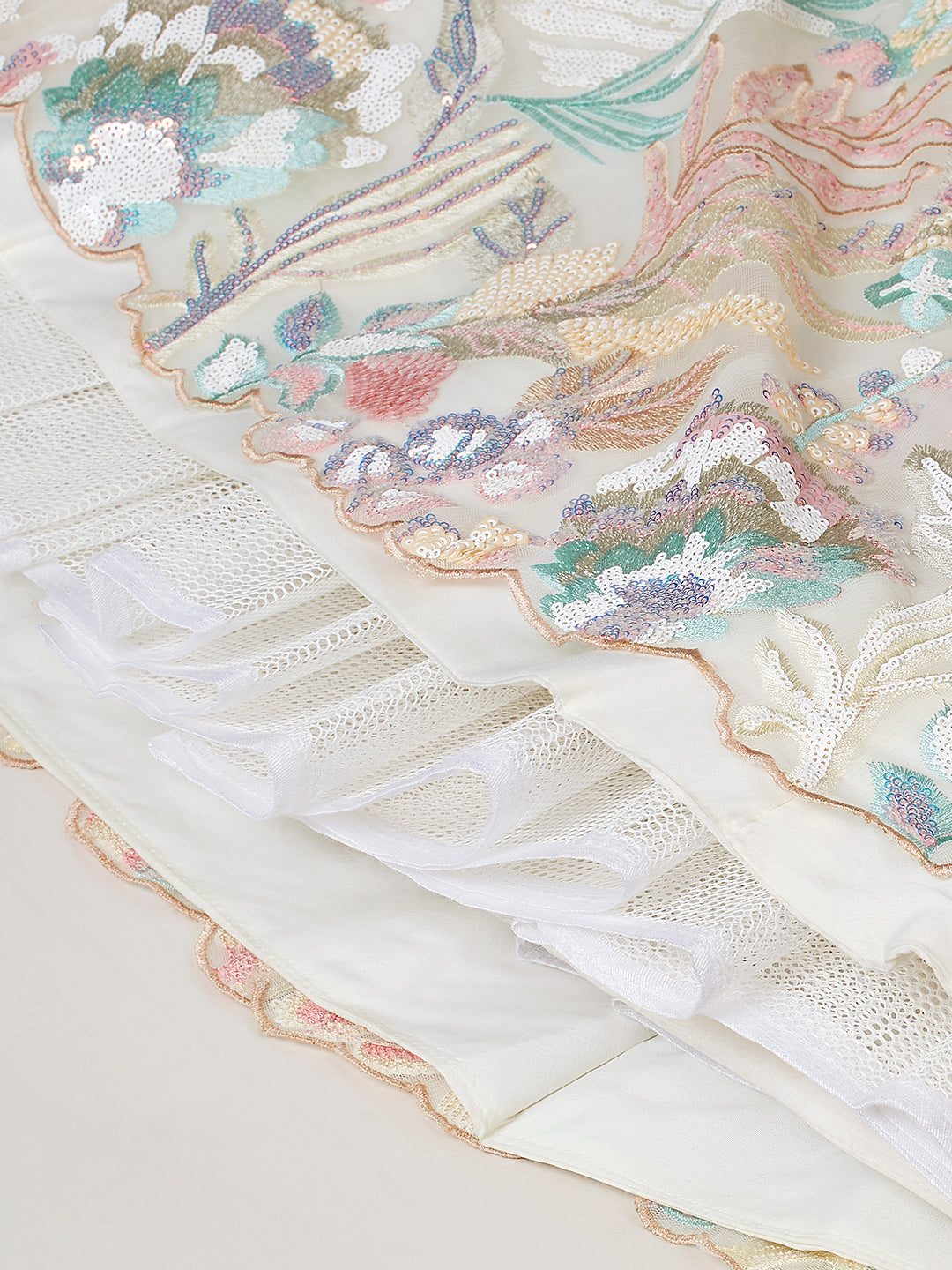 Cream Floral Net Sequin Work Lehenga & Unstitched Blouse with Dupatta
