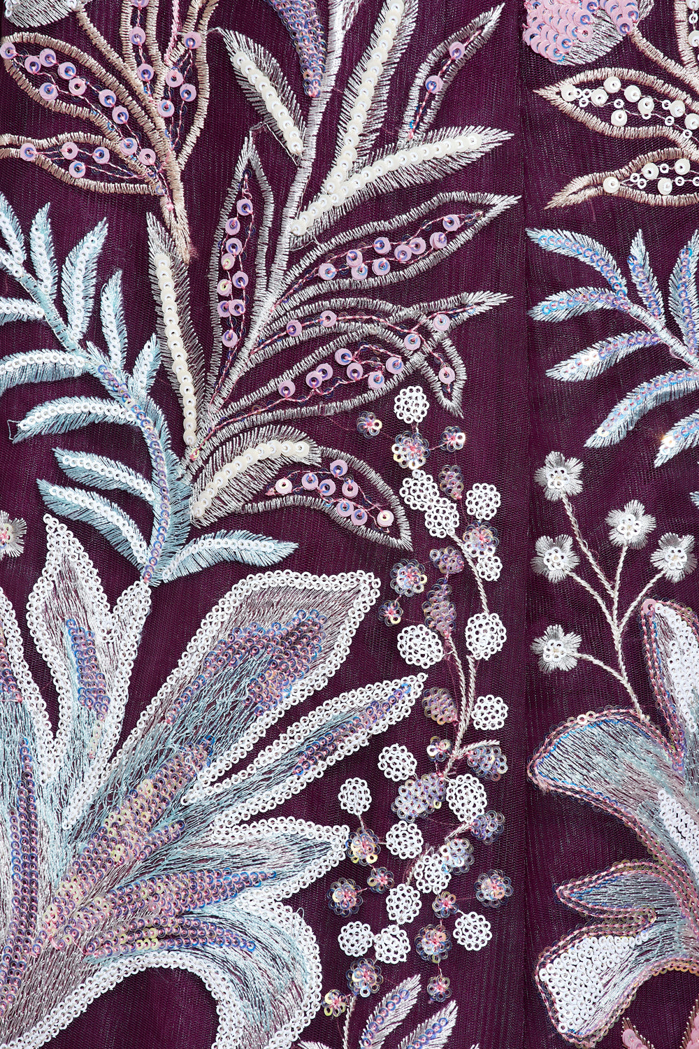 Burgundy Net Sequence Work Floral Lehenga & Blouse with Dupatta