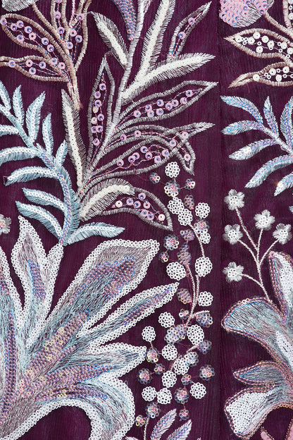 Burgundy Net Sequence Work Floral Lehenga &amp; Blouse with Dupatta