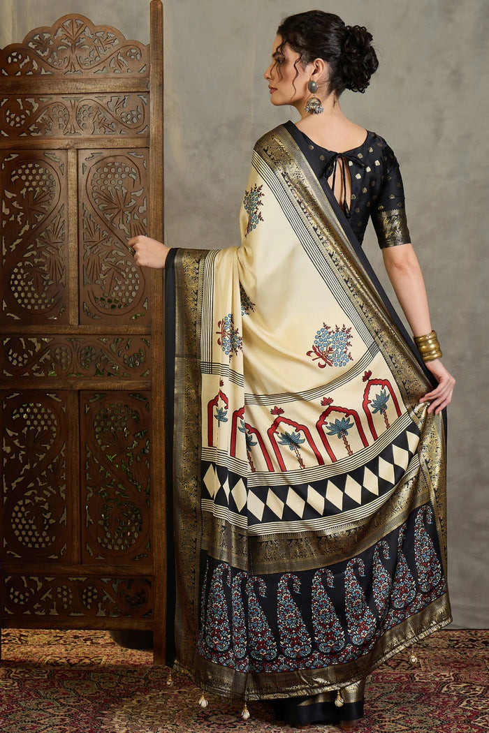 Cream & Black Semi Modal Printed Saree with Gold Zari Border ##color##  with premium fabric and embroidery
