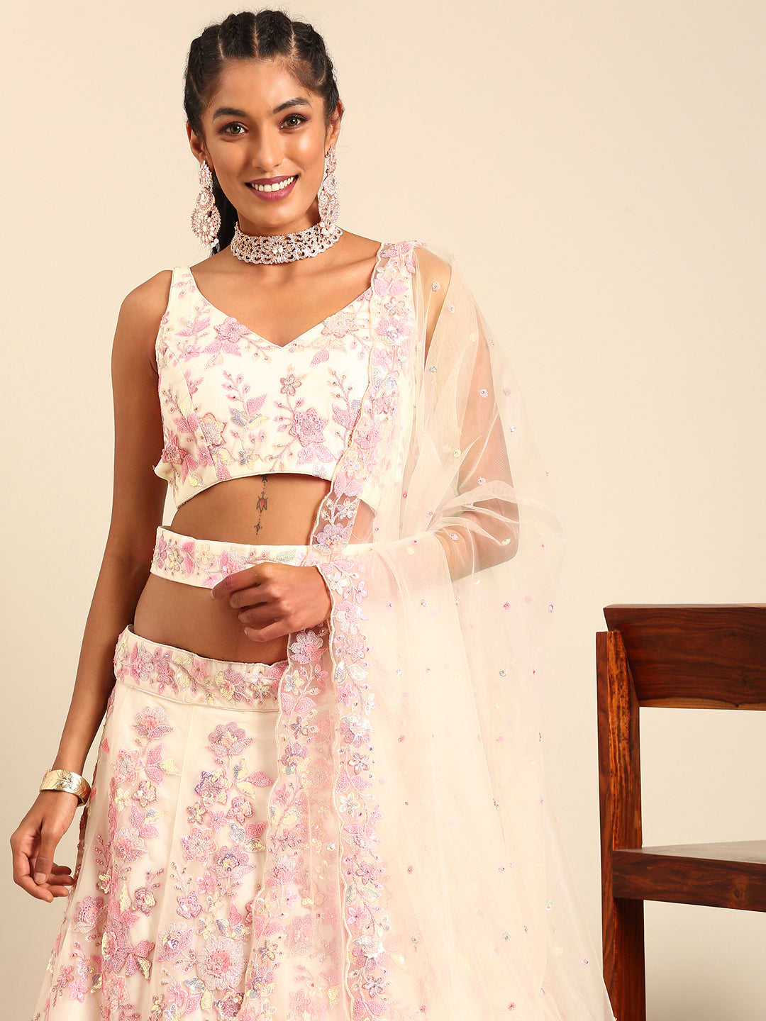 Cream Net Floral Sequins with Heavy Zarkan Embroidery Lehenga Choli &amp; Dupatta