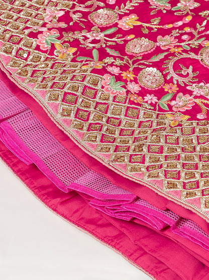 Rose Georgette Sequin Work Lehenga with Mustard Silk Blouse and Pink Net Dupatta