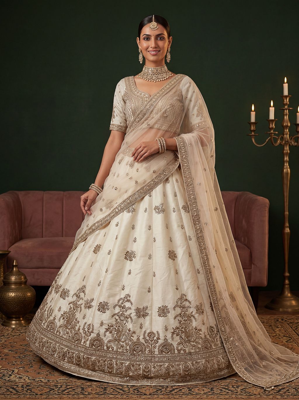 Off White Pure Soft Gadwal Silk Heavy Embroidery Work Bridal Lehenga Choli 