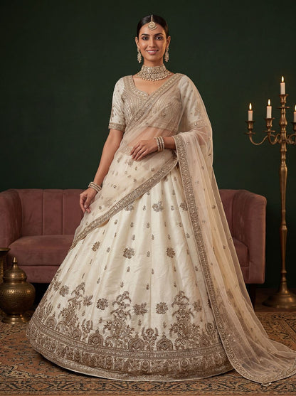 Off White Pure Soft Gadwal Silk Heavy Embroidery Work Bridal Lehenga Choli 
