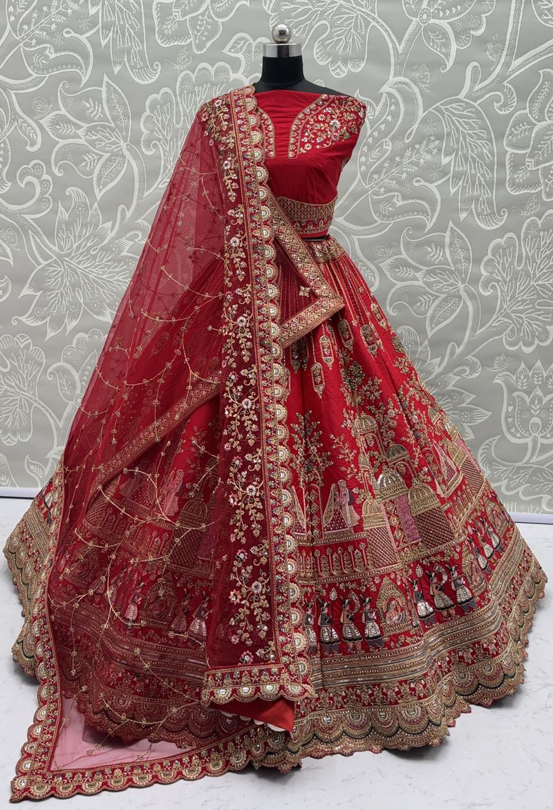 Red Pure Soft Gadwal Silk Heavy Embroidery Work Bridal Lehenga 