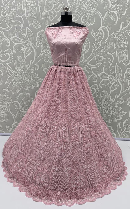 Pink Pure Heavy Net Motif Handwork Zari Sequins Work Bridal Lehenga Choli