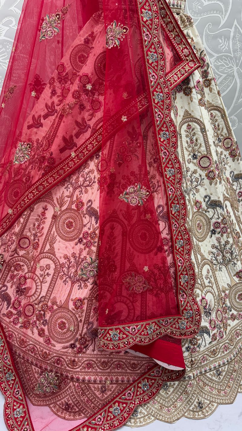 Off White Pure Soft Silk Heavy Embroidery Work Bridal Lehenga 