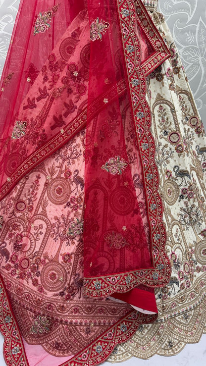 Off White Pure Soft Silk Heavy Embroidery Work Bridal Lehenga 