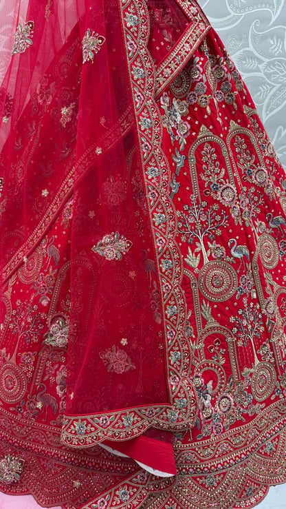 Red Pure Soft Silk Heavy Embroidery Work Bridal Lehenga 