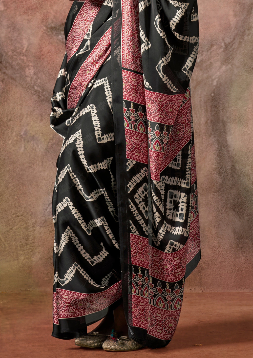 Black Raisins Ajrakh Printed Satin Georgette Silk Saree 