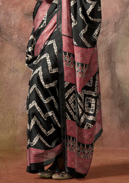 Black Raisins Ajrakh Printed Satin Georgette Silk Saree 