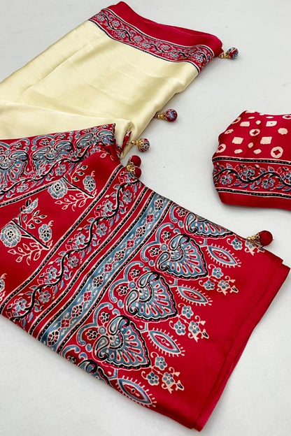 Cream and Red Pure Soft Modal Satin Ajrakh Print Satin Saree Japan Satin Saree Anant Tex Exports Pvt.Ltd..