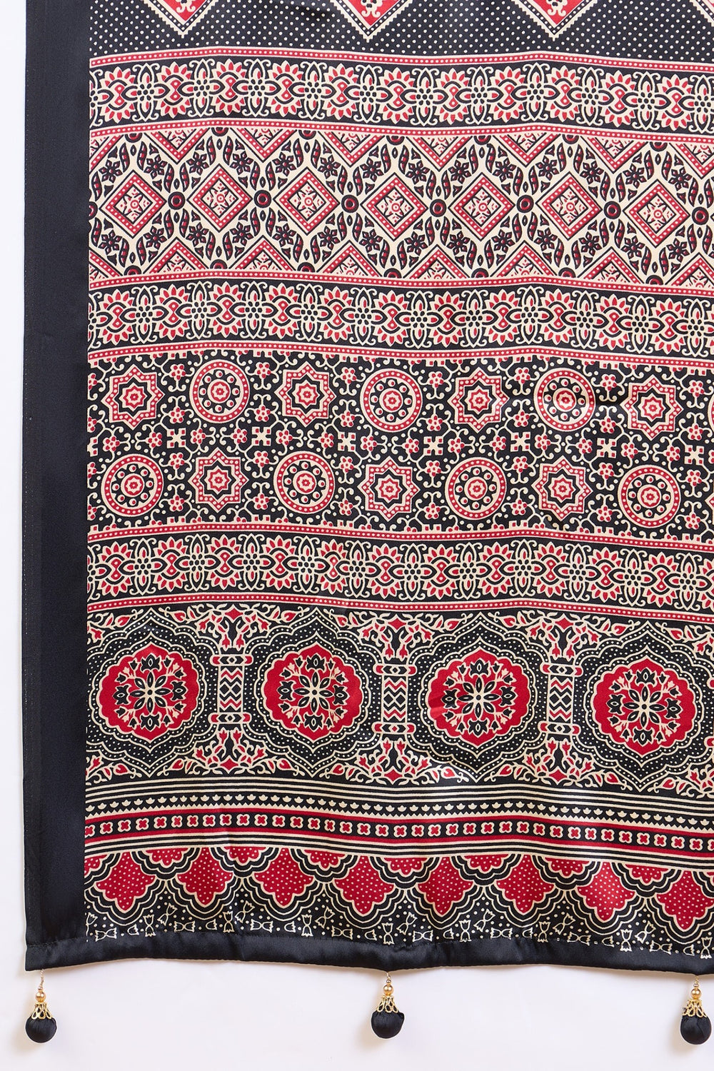 Bavarain Cream Pure Soft Modal Satin Ajrakh Print Satin Saree Japan Satin Saree Anant Tex Exports Pvt.Ltd..