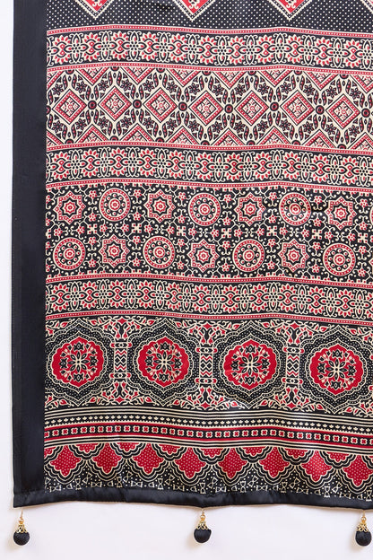 Bavarain Cream Pure Soft Modal Satin Ajrakh Print Satin Saree Japan Satin Saree Anant Tex Exports Pvt.Ltd..