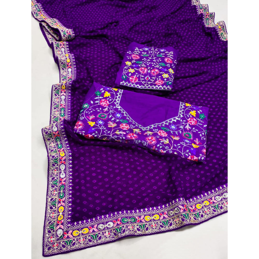 Purple Bandhani Printed Georgette Saree With Embroidered Border 