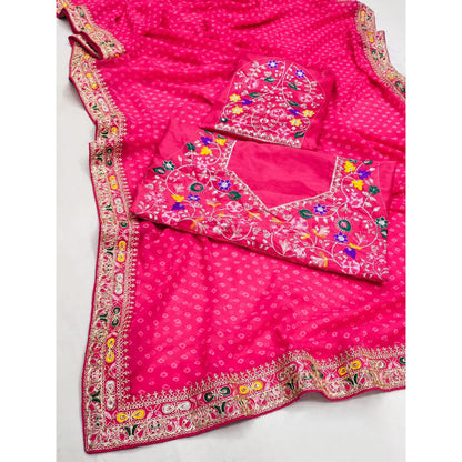 Pink Bandhani Printed Georgette Saree With Embroidered Border 