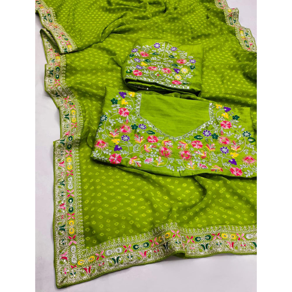 Green Bandhani Printed Georgette Saree With Embroidered Border ##color## Georgette Saree with premium fabric and embroidery