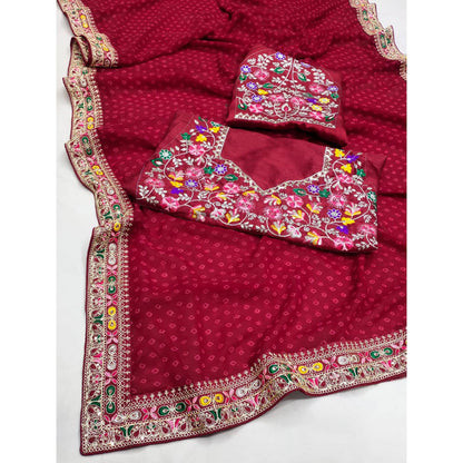 Maroon Bandhani Printed Georgette Saree With Embroidered Border 