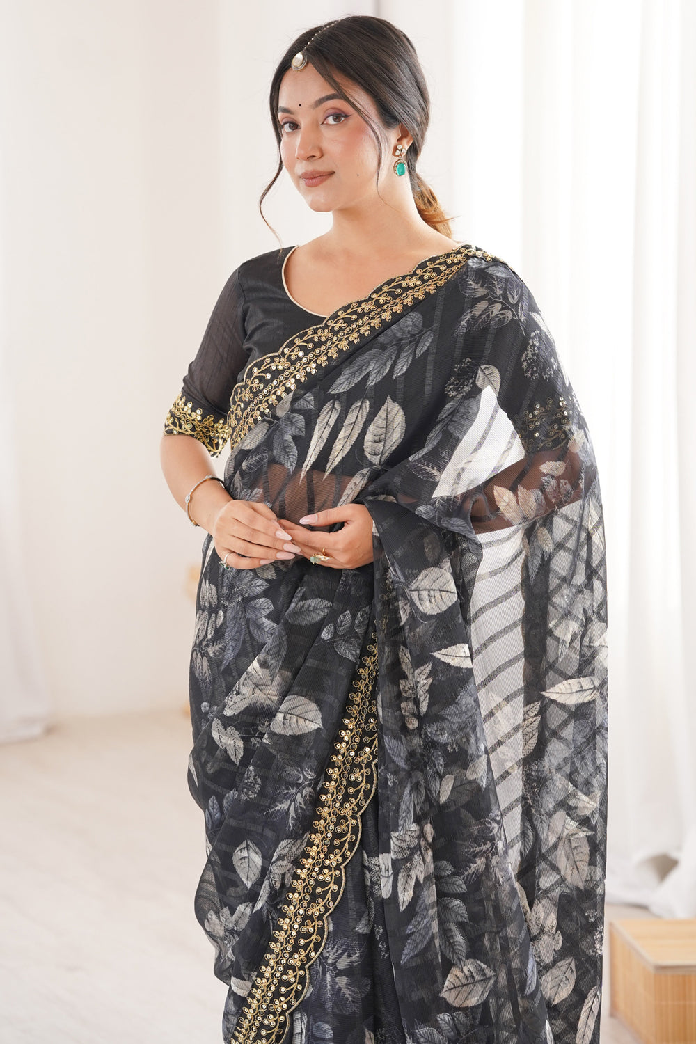 Black Pure Georgette Floral Print Sequins Saree 