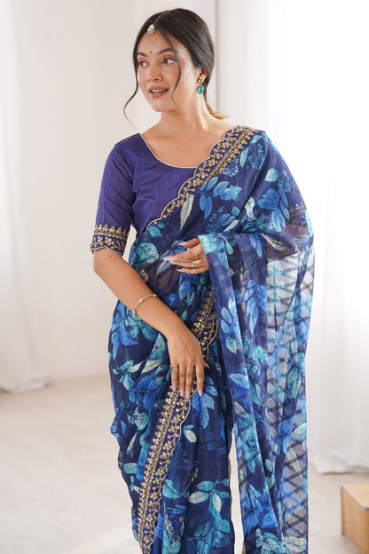 Blue Pure Georgette Floral Print Sequins Saree 