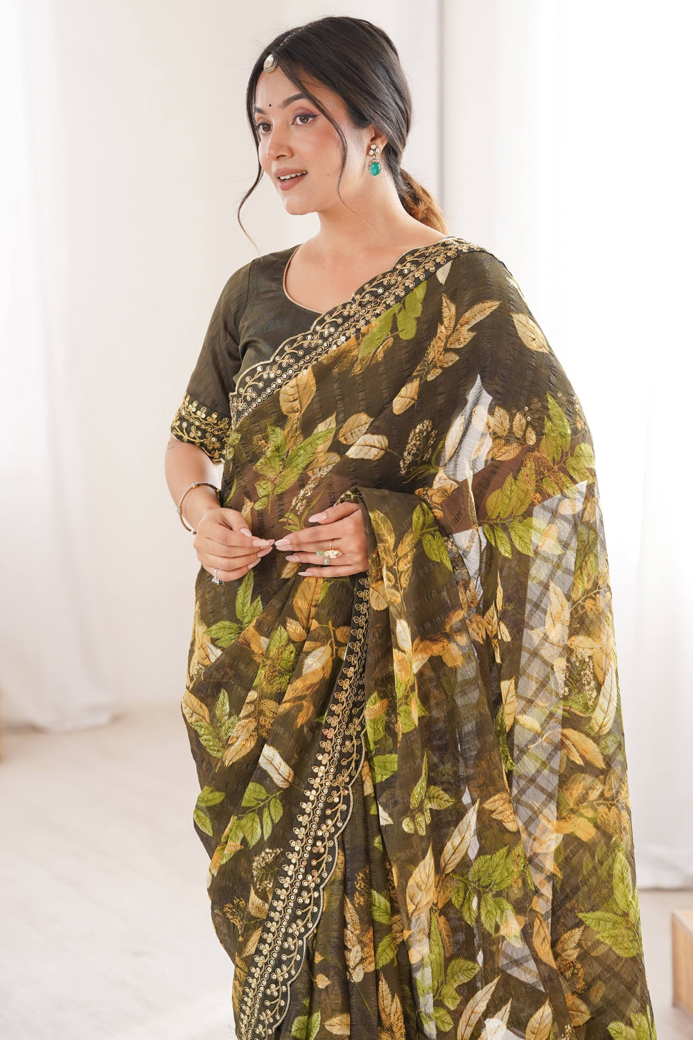 Green Pure Georgette Floral Print Sequins Saree 