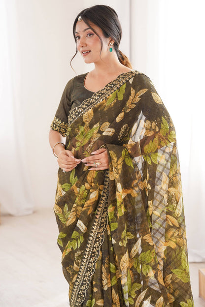 Green Pure Georgette Floral Print Sequins Saree 