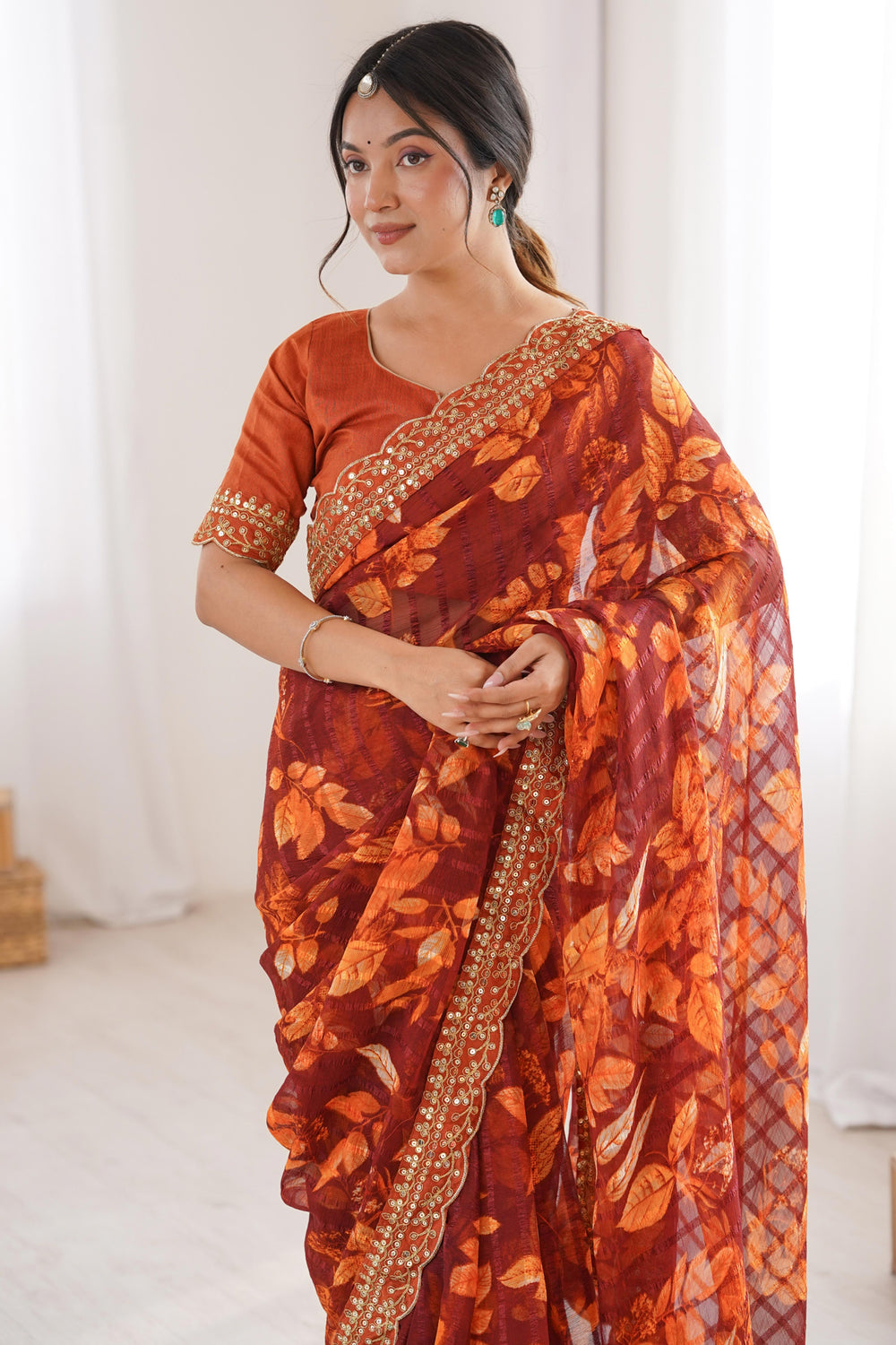 Rust Pure Georgette Floral Print Sequins Saree 