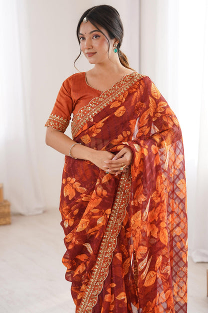 Rust Pure Georgette Floral Print Sequins Saree 