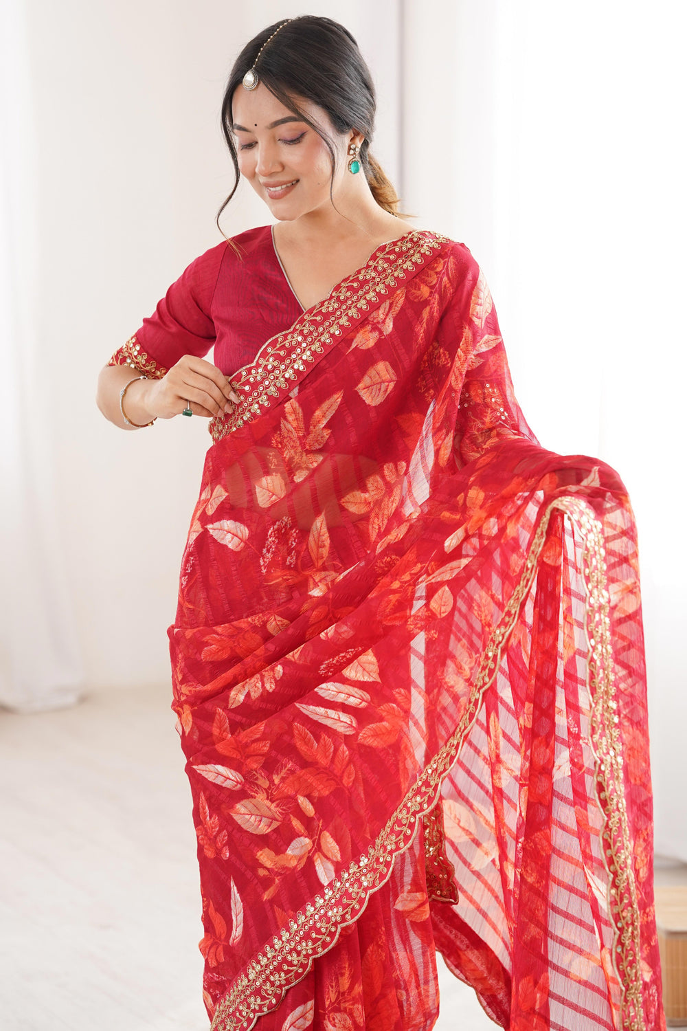 Red Pure Georgette Floral Print Sequins Saree 