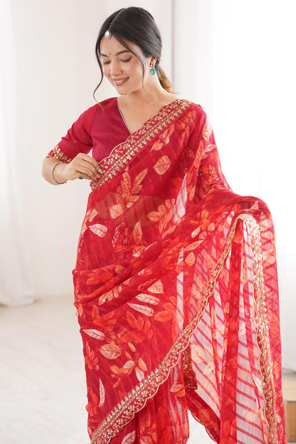 Red Pure Georgette Floral Print Sequins Saree 