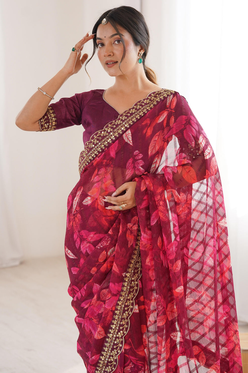 Wine Pure Georgette Floral Print Sequins Saree 