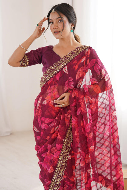 Wine Pure Georgette Floral Print Sequins Saree 