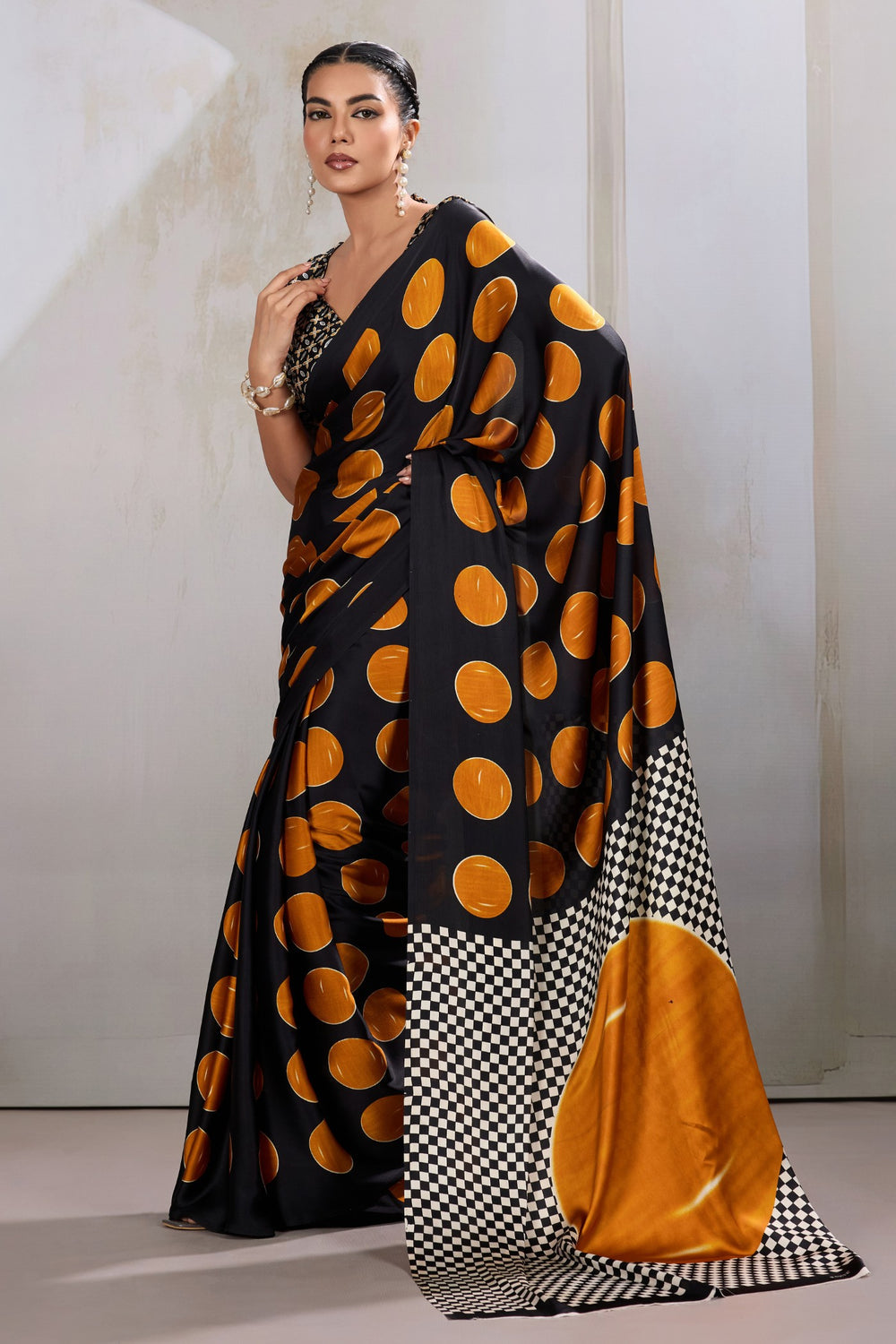 Orange Printed Polka Dots Satin Crepe Saree ##color## Floral Printed Saree with premium fabric and embroidery
