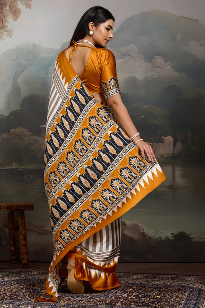 White and Yellow Pure Ajrakh Printed Satin Crepe Silk Saree 