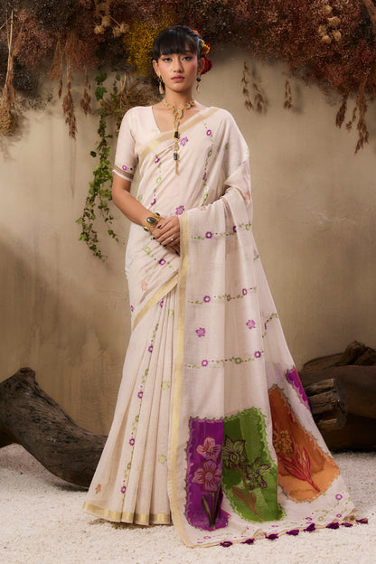 Cream Pure Soft Handloom Muga Cotton Saree 